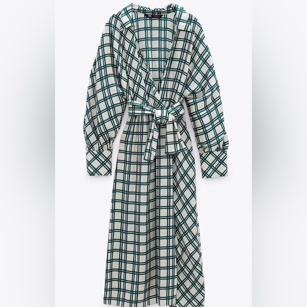 ZARA | green stripe pattern midi belted dress